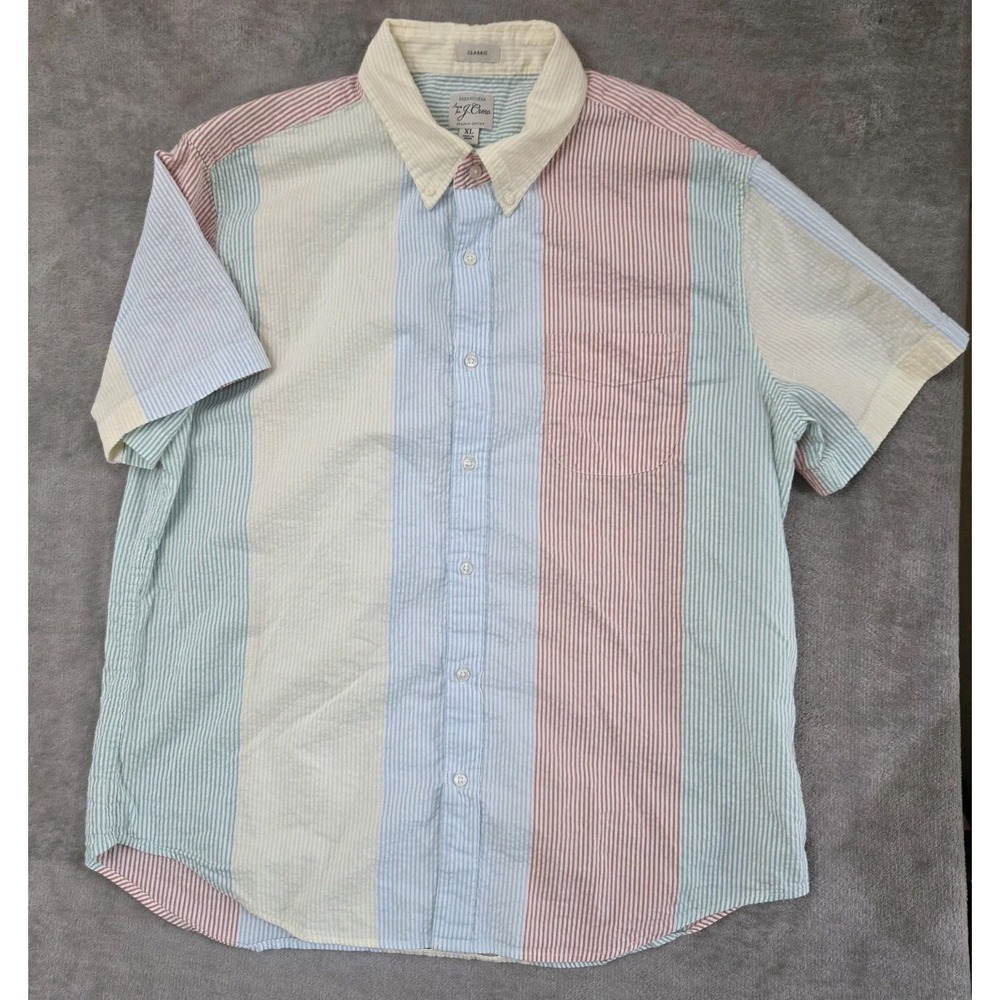 Mens XL J Crew Seersucker Patchwork button shirt plaid heavy camp organic cotton